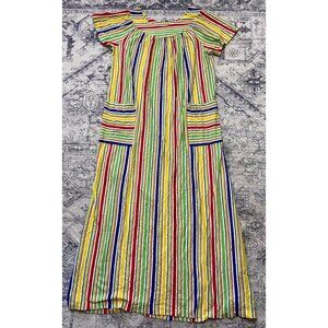 Vintage Bernette Caftan Striped Maxi House Dress Womens Medium Pockets Mumu 70's